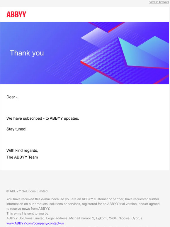 Thank you, we have subscribed — to ABBYY updates.