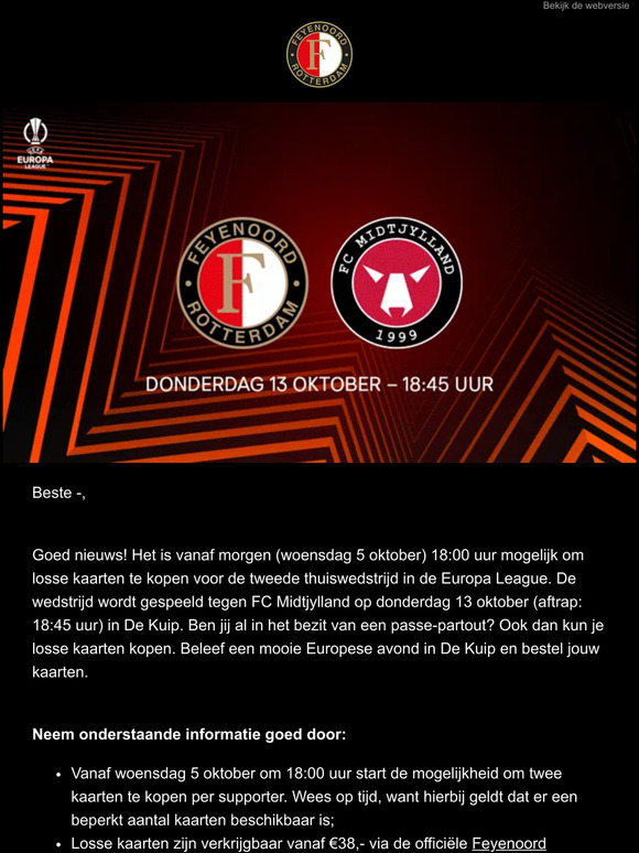 Start kaartverkoop Feyenoord - FC Midtjylland!