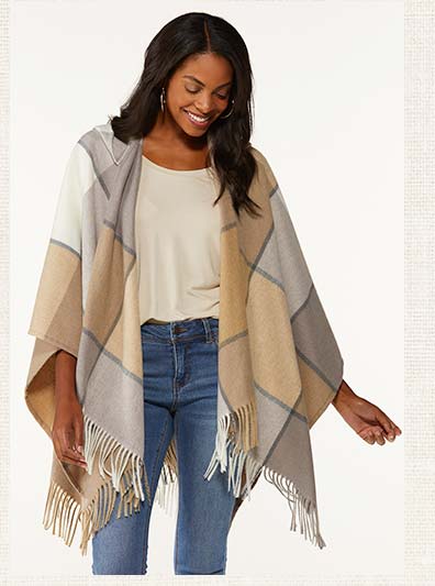 Shop Hooded Plaid Poncho