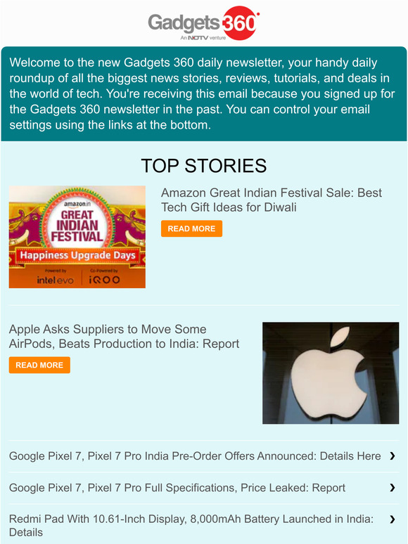 Gadgets 360 Newsletter: Amazon Great Indian Festival Sale: Best Tech Gift Ideas for Diwali & more