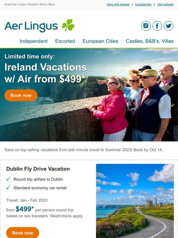 Limited time only: Ireland Vacations w/Air from $499*