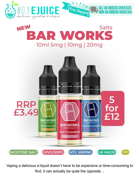Bar Works Has Landed | 10ml Salts | 5mg | 10mg | 20mg