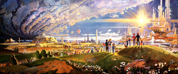 'FROM THE PYRAMIDS TO THE PROPOSED SPACE COLONIES, A PANORAMA OF HUMAN PROGRESS' - CIRCA 1980's - ART BY ROBERT MCCALL