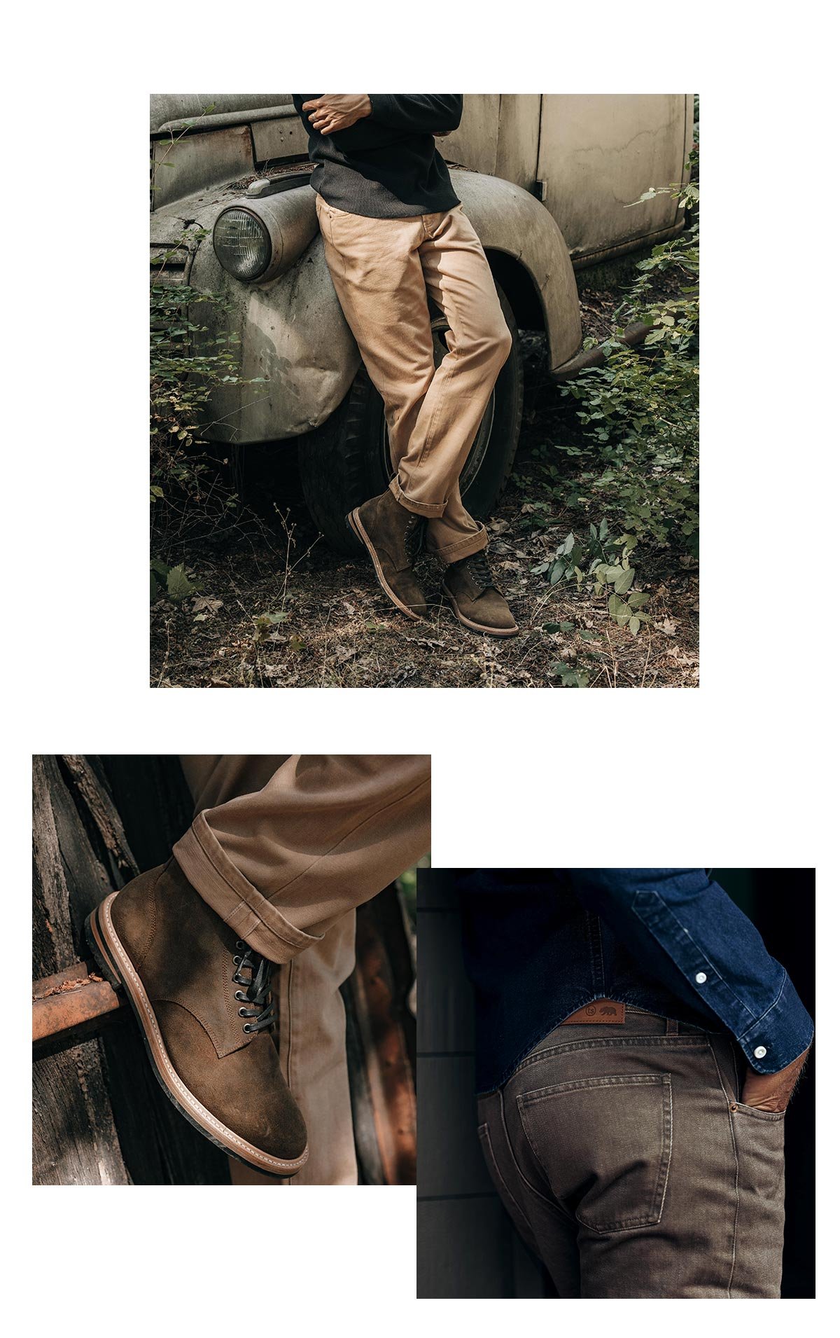 Model wearing The Democratic All Day Pant in Washed Tobacco Selvage