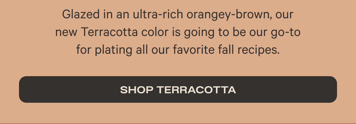 Glazed in an ultra-rich orangey-brown, our new Terracotta color is going to be our go-to for plating all our favorite fall recipes. - Terracotta