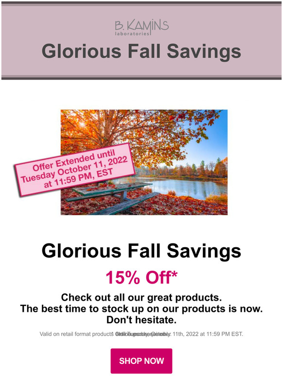B. Kamins Glorious Fall Savings - 15% Off - Extended 🍁