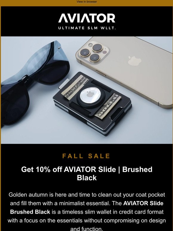 Aviator Wallet: Aviator Wallet Pure Black Slide for Gentlemen | Milled