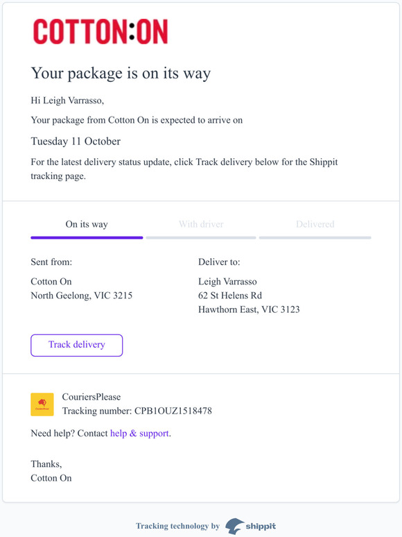 Cotton On Kids Your package is on its way from Cotton On Milled