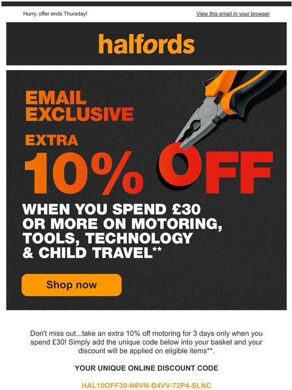 Halfords Hi, your 10 OFF code is inside Milled