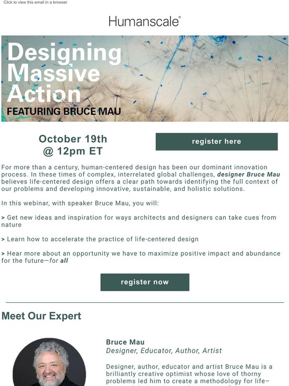 Don’t forget to register! Designer Bruce Mau joins Humanscale on 10/19 for “Designing Massive Action”