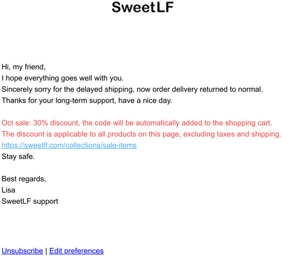 Notice: Order delivery returned to normal