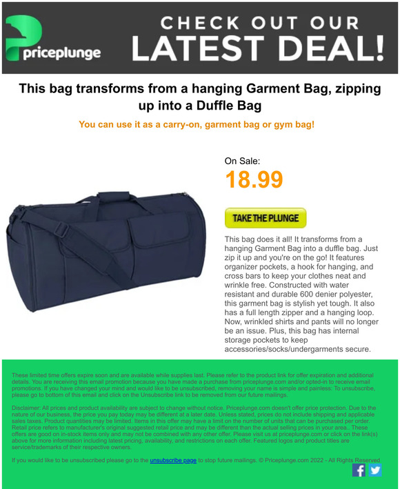 On Sale Today, Versatile Garment Duffel Bag for Traveling or the Gym