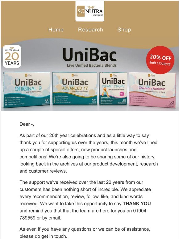 20% Off UniBac Live Bacteria / Probiotics Range