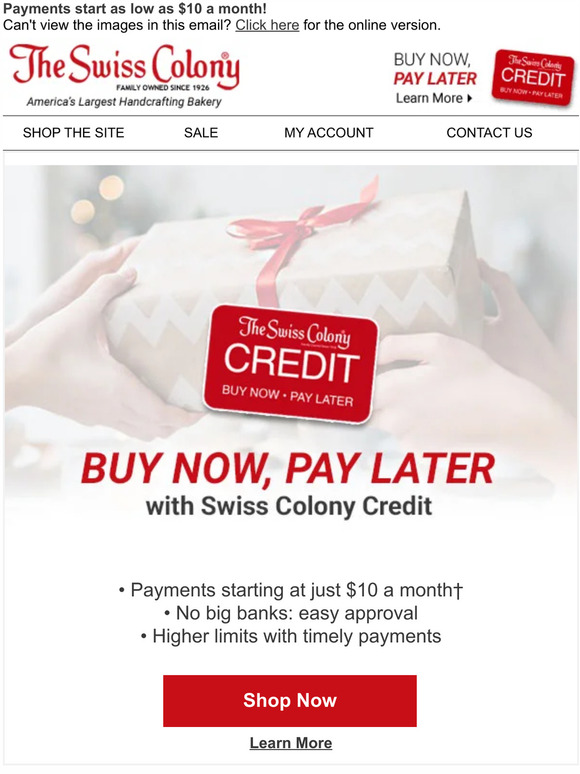 Swiss Colony Buy Now, Pay Later with Swiss Colony Credit Milled