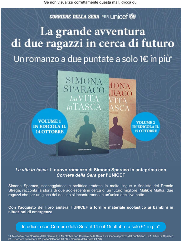 Corriere della Sera per l’UNICEF: in edicola il 14 e 15 ottobre “La vita in tasca” il libro di Simona Sparaco a solo €1 in più