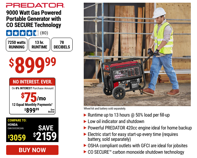 PREDATOR: 9000 Watt Gas Powered Portable Generator with CO SECURE Technology, EPA