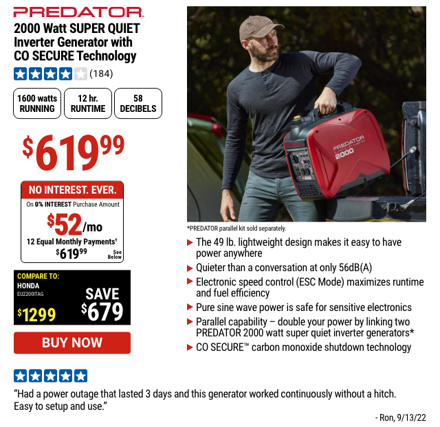 PREDATOR: 2000 Watt SUPER QUIET Inverter Generator with CO SECURE Technology