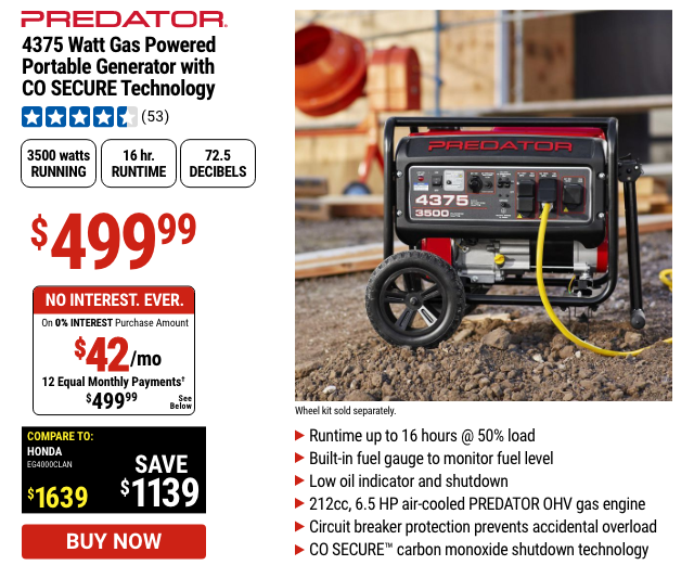 PREDATOR: 4375 Watt Gas Powered Portable Generator with CO SECURE Technology, EPA