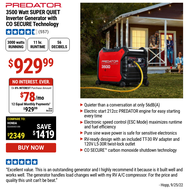 PREDATOR: 3500 Watt SUPER QUIET Inverter Generator with CO SECURE Technology