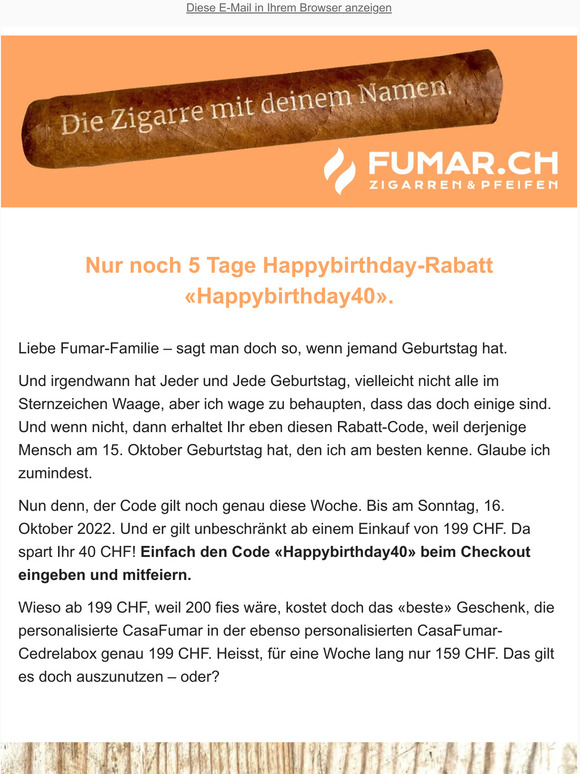 Fumar.ch –Nur noch 5 Tage Happybirthday-Rabatt
