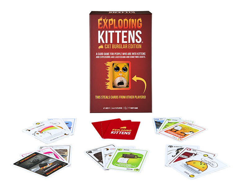 Image of Exploding Kittens Cat Burglar Edition and piles of cards