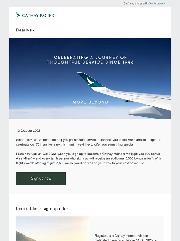 A gift of up to 5,500 bonus Asia Miles when you join Cathay today