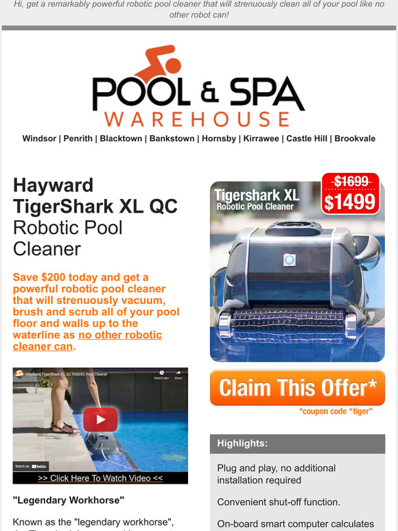 Pool and Spa Warehouse 200 Off Hayward Tigershark XL Robotic Pool
