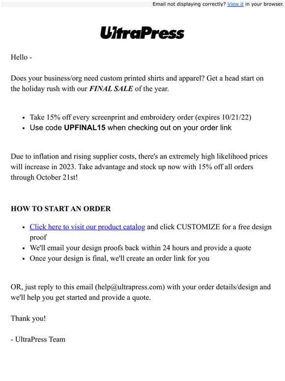 Custom Apparel FINAL SALE of the Year - Early Bird Holiday Prep Discount