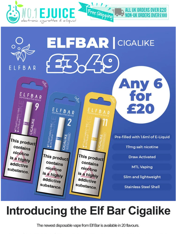 No.1 Ejuice New In From Elf Bar Elf Bar Cigalike 6 for £20 Milled