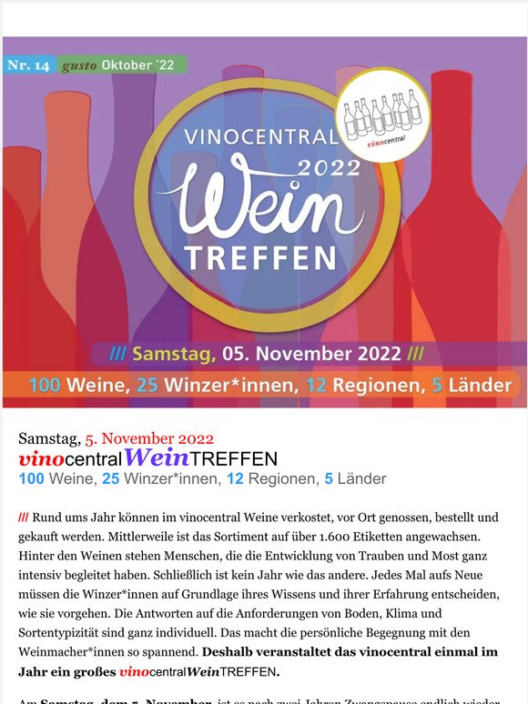 25 Winzer*innen aus 12 Regionen und 5 Ländern persönlich treffen und probieren I gusto 14 vinocentral, Oktober 2022