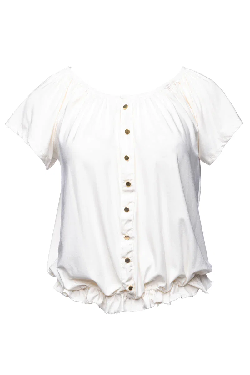 Image of Solid Ruffle Bottom Hem Cap Sleeve Blouse - White