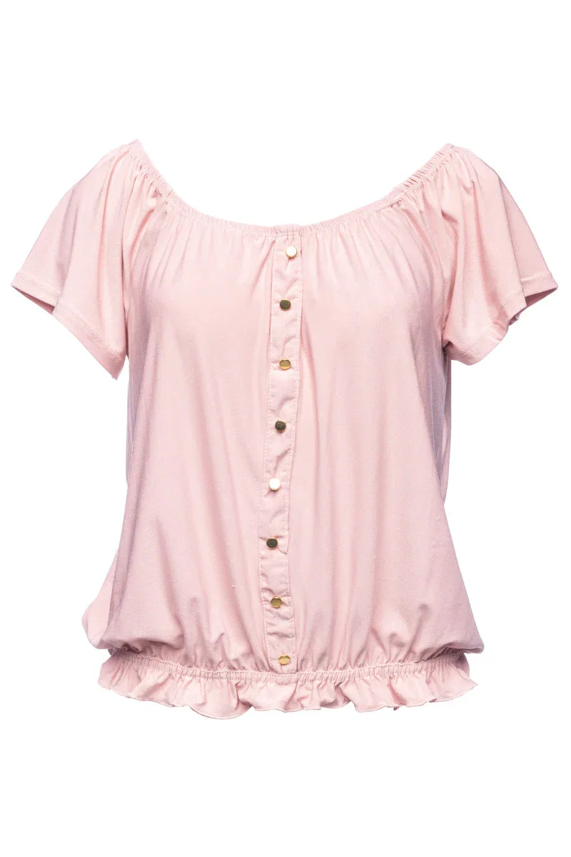 Image of Solid Ruffle Bottom Hem Cap Sleeve Blouse - Pink
