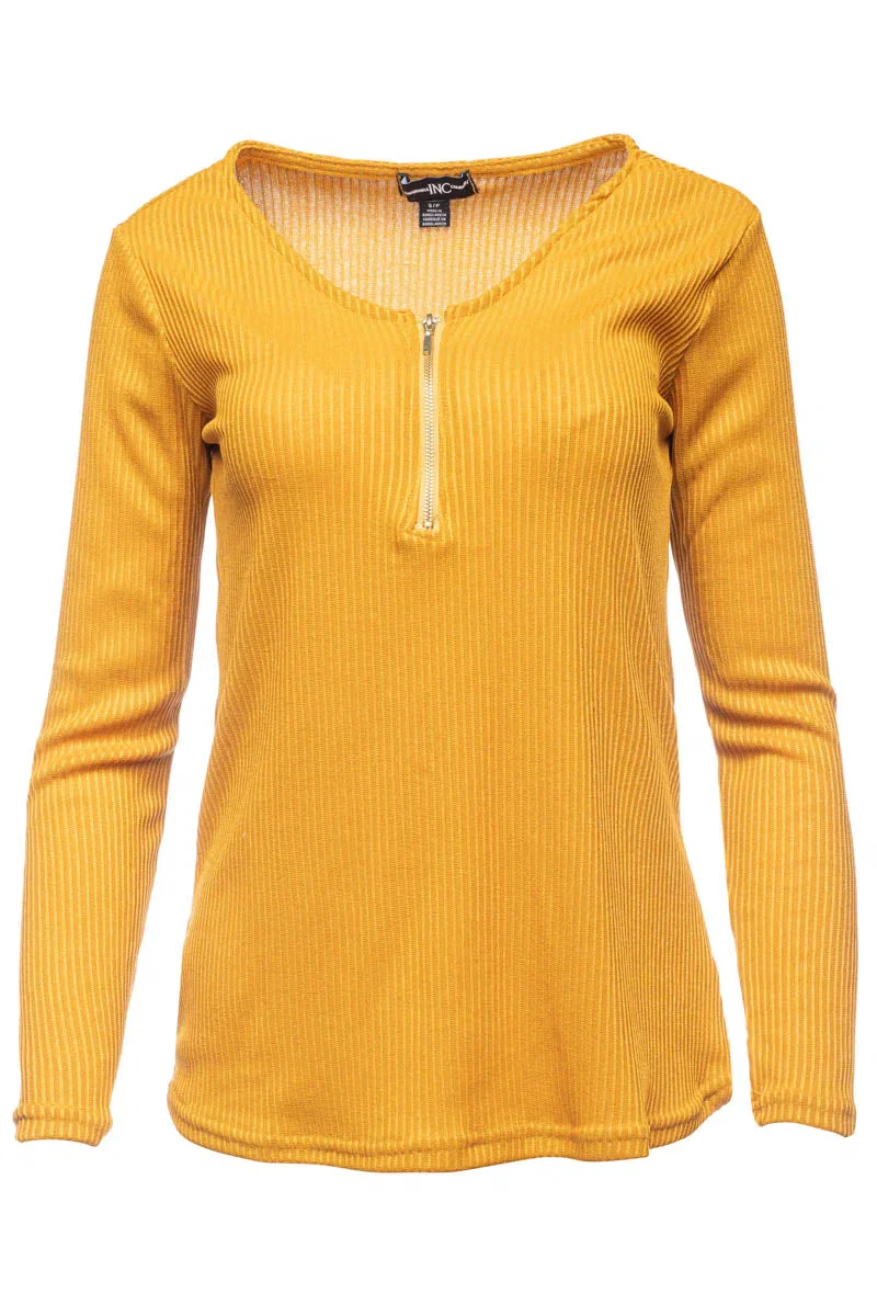 Image of Solid Ribbed Front Zip Long Sleeve Top - Mustard