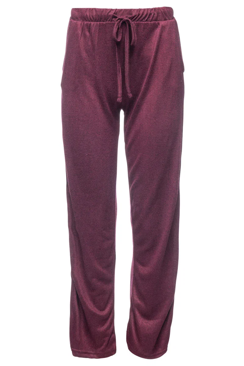 Image of Solid Waist Tie Side Pocket Pajama Pants - Burgundy