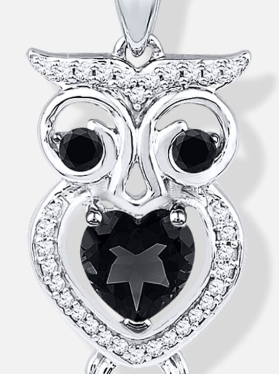 Gemstone Black Onyx Owl Necklace 1/8 ct tw Diamonds Sterling Silver