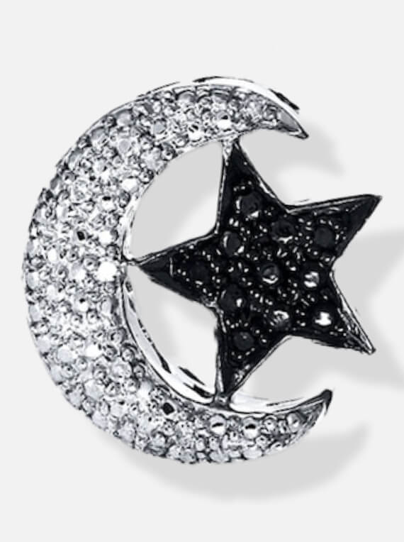 Celestial Moon & Star Earrings Black/White Diamonds Sterling Silver