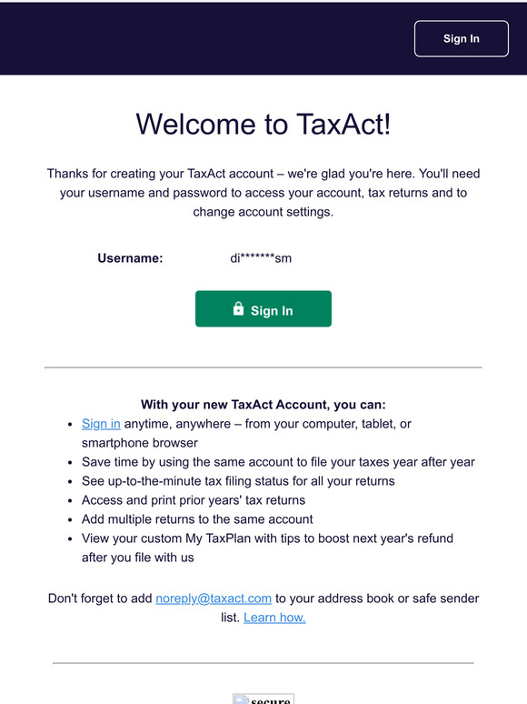 TaxAct - created account confirmation