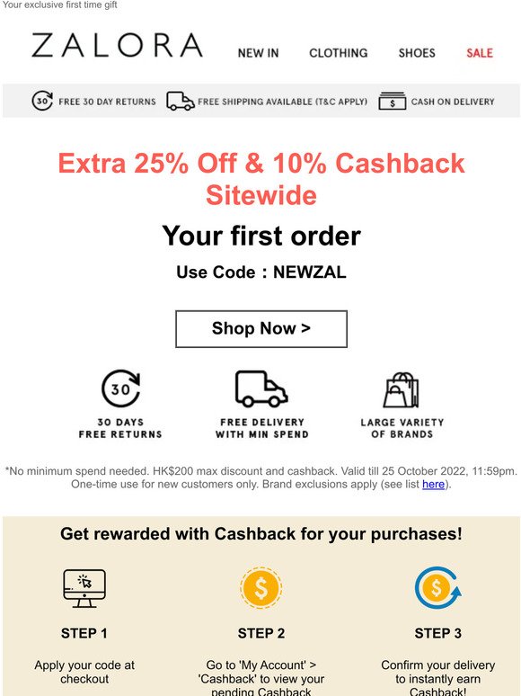 Get Extra 25% Off & 10% Cashback Sitewide on your first order!