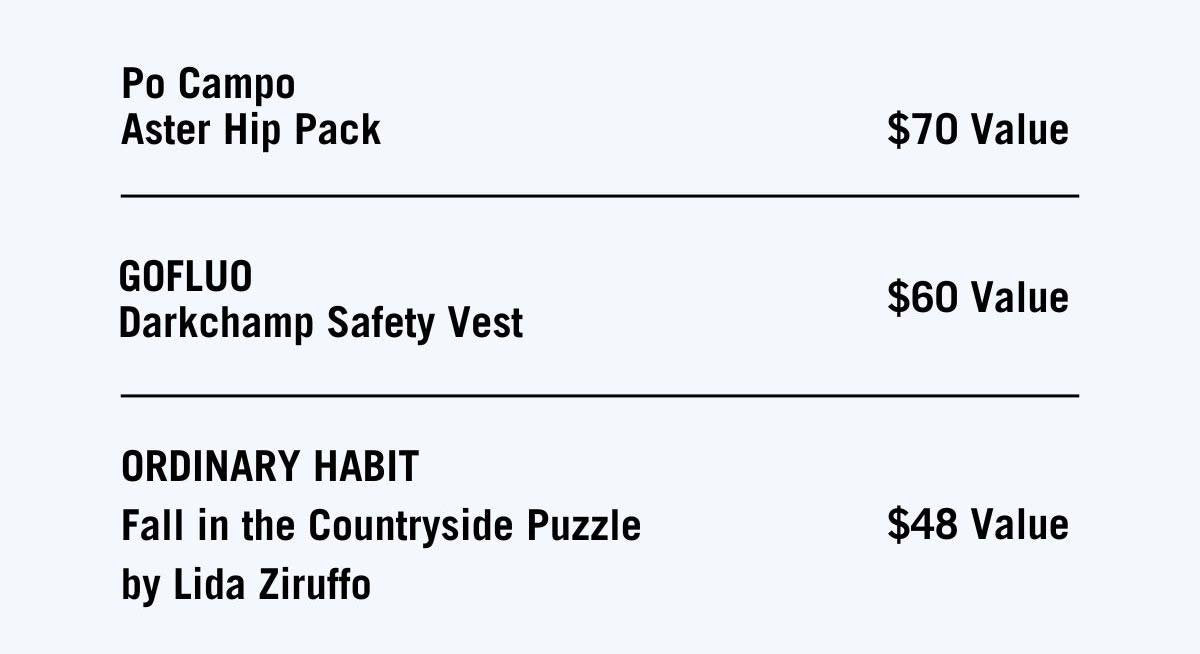 Po Campo Aster Hip Pack. GoFluo Darkchamp Safety Vest. Ordinary Habit Fall Puzzle.