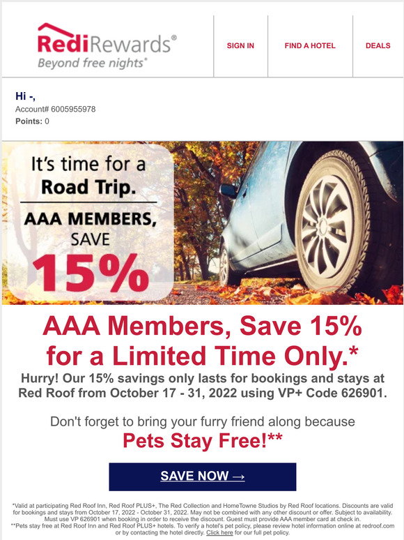 Red Roof: —, are you a AAA Member? Save 15% | Milled
