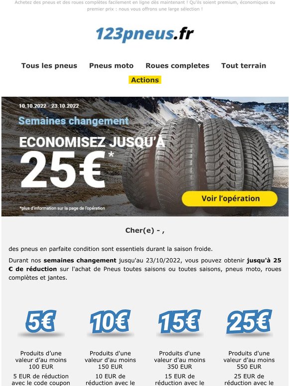 Jusqu'à 25 euros de réduction sur votre changement de pneu