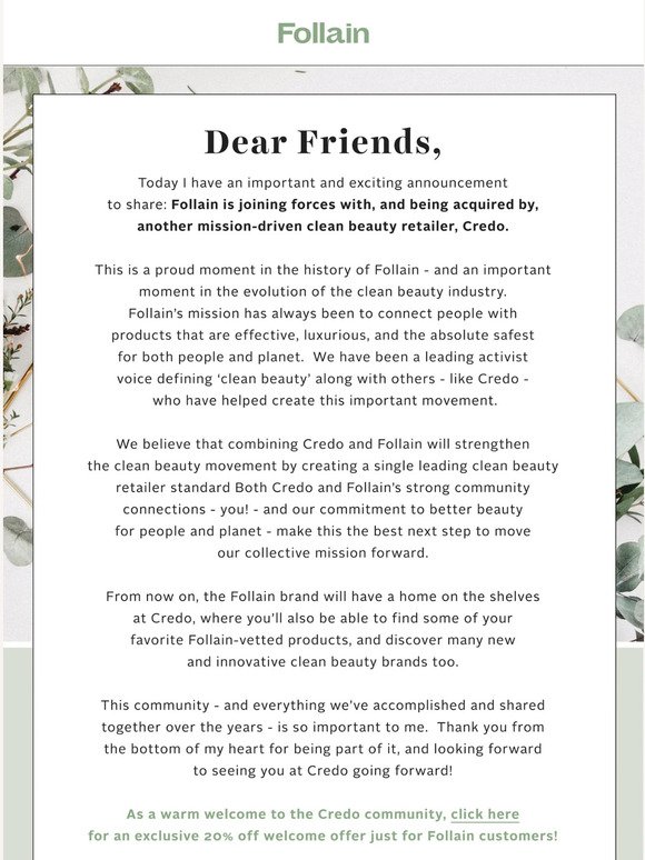 Follain + Credo: exciting news from our founder 💚