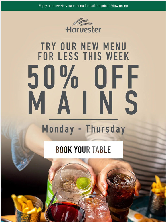 Harvester Table Booking Harvester VIP, here's 50 off our new menu! 🤤