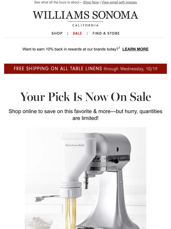 WilliamsSonoma Good news! KitchenAid Gourmet Pasta Press Attachment