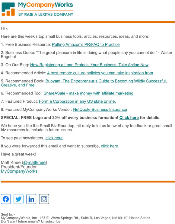 The Small Biz Roundup #134: Working Backwards to Move Forward,  Doing the Impossible, and Building a Remote Work Culture