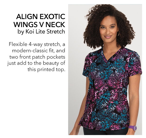 Womens Koi Lite Stretch Align Top In Motion Exotic Wings V Neck Wine/Caribbean/Black