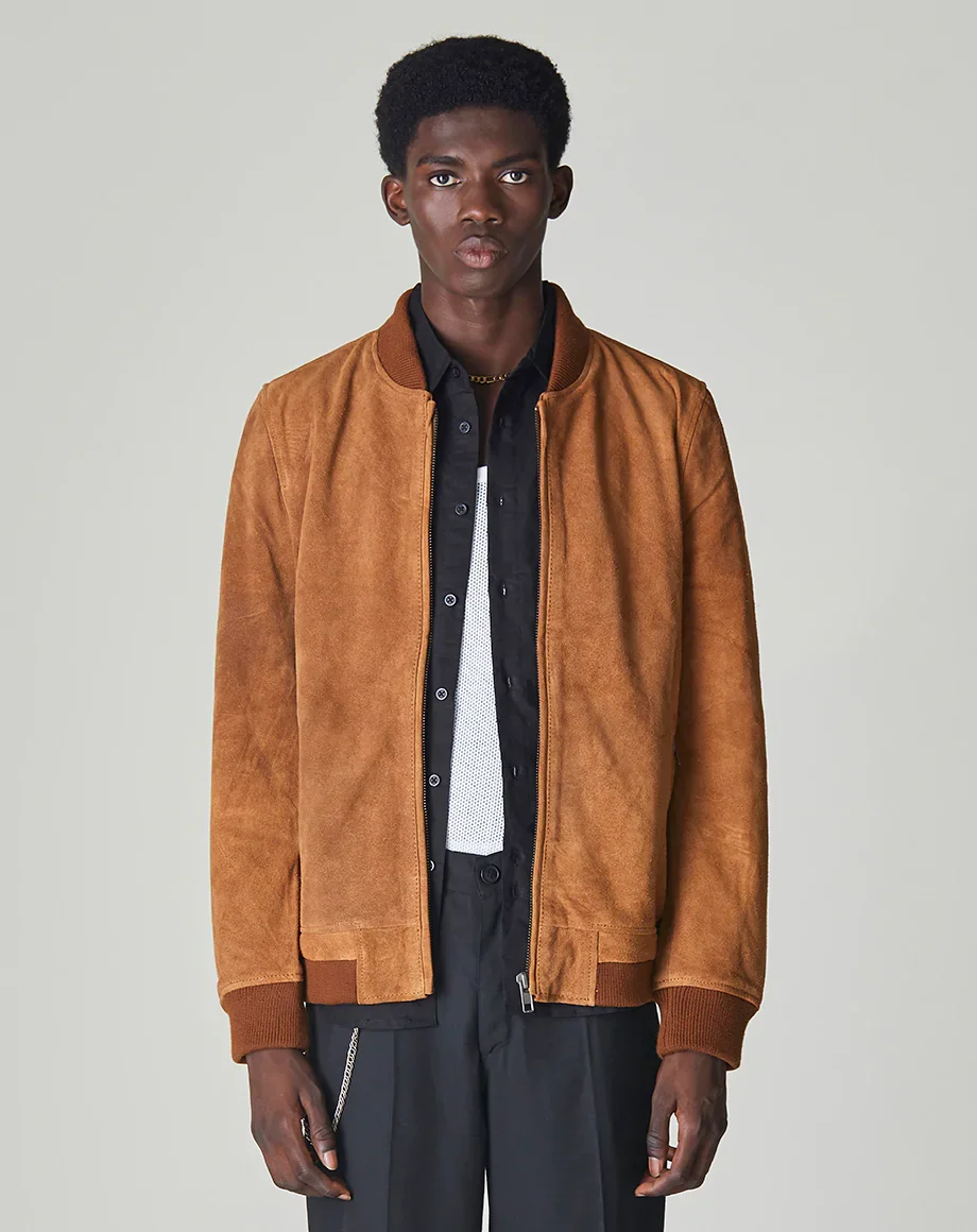 Image of PLATO SUEDE BOMBER MENS JACKET | TAN