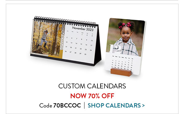 Custom calendars now 70 percent off with code 70BCCOC. Click to shop calendars