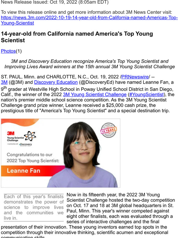 14-year-old from California named America's Top Young Scientist
