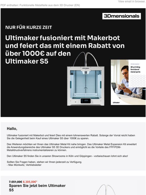 Nur für kurze Zeit: Über 1000€ Rabatt auf den Ultimaker S5